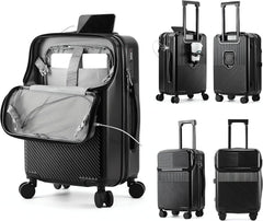 TERE 20" Carry On Luggage Travel Trolley Bag Suitcase with Front Open Laptop Compartment, USB Port Charging, Cup Holder, Silent Wheels, Hook (Black)