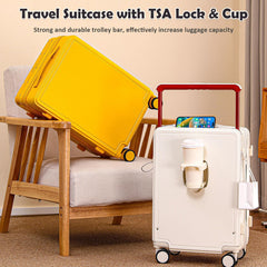 Winsoyya Suitcase Trolley Carry on Hand Cabin Luggage Hard Shell Travel Bag Lightweight, Wide Handle Cup Holder Silent Wheels USB Port Charging 20 Inch Cabin Bag (White)