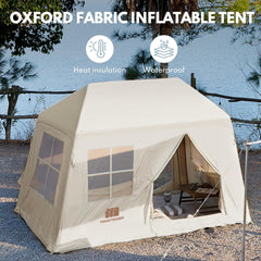 Inflatable Tents for Camping, Blow Up Tent with Hand Pump, 3-4 Person Air Glamping Tent with Canopy, Easy Setup 4 Season Waterproof Windproof Outdoor Glamping House(Brown)