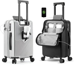 TERE 20" Carry On Luggage Travel Trolley Bag Suitcase with Front Open Laptop Compartment, USB Port Charging, Cup Holder, Silent Wheels, Hook (Black)