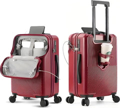 TERE 20" Carry On Luggage Travel Trolley Bag Suitcase with Front Open Laptop Compartment, USB Port Charging, Cup Holder, Silent Wheels, Hook (Black)