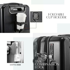 TERE 20" Carry On Luggage Travel Trolley Bag Suitcase with Front Open Laptop Compartment, USB Port Charging, Cup Holder, Silent Wheels, Hook (Black)