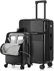 TERE 20" Carry On Luggage Travel Trolley Bag Suitcase with Front Open Laptop Compartment, USB Port Charging, Cup Holder, Silent Wheels, Hook (Black)