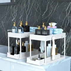 Under Sink Shelf Organizer, 2-Tier White Pull Out Cabinet Storage Shelf