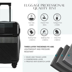 TERE 20" Carry On Luggage Travel Trolley Bag Suitcase with Front Open Laptop Compartment, USB Port Charging, Cup Holder, Silent Wheels, Hook (Black)