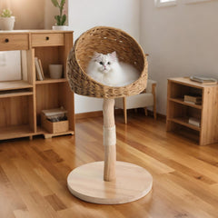 Wood Cat Tree Tower, Natural Cat Tree Tower with Woven Baskets