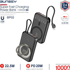 باور بانك مغناطيسي 10000 مللي امبير في الساعة - شحن سريع 22.5 واط + مدخل/مخرج بي دي 20 واط، شحن لاسلكي 15 واط، كيبل مدمج، حامل حلقي، ضمان لمدة 24 شهر من بنسي