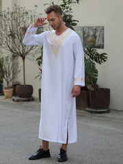 Eid Al-Adha Men's V Neck Long Sleeve Robes Arabic Clothing Saudi Style