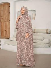Floral Print Hooded Modest Dress, Elegant Long Sleeve Maxi Prayer Dress Clothing