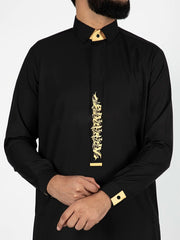Men's Black Long Sleeve Golden Embroidery Casual Lapel Traditional Arabic Style for Ramadan Eid Celebrations