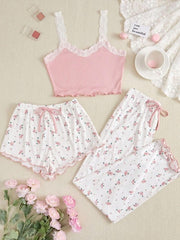 Lace Trim Cami Top Floral Print Shorts And Pants Or Long Womens Lingerie - Nimall
