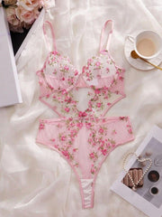 Women's Floral Embroidery and Hollow Out Mesh Womens Lingerie - Nimall