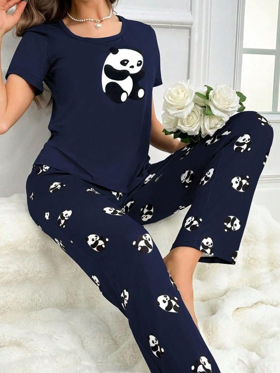 Women's Simple Panda Print Short Sleeve Long Pants Pajama Set Womens Lingerie - Nimall
