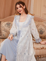 Contrast Lace Trim Ruffle Rose Embroidered Dress Pajama Set Womens Lingerie