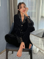 Velvet Notched Collar Lace Trim Pajama Set Womens Lingerie