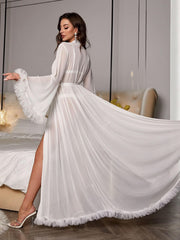 Contrast Mesh Sleepwear Trumpet Sleeve Belt Lingerie Set Womens Lingerie