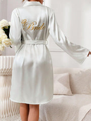 Alphabet Embroidered Belted Velvet Bathrobe Womens Lingerie