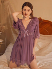 Solid Color Nightdress  Tie And Lace Womens Lingerie