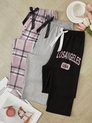 3 Piece Solid Plaid Pajama Set Lingerie