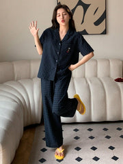 Striped Embroidered Short Sleeve Pajama Set  Front Button Long Pants Womens Lingerie