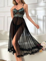3D Floral Lace Two-Tone Nightdress  Long Flare Hem Womens Lingerie