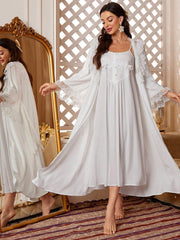 Elegant White Contrast Lace Embroidery Camisole And Robe Pajama Set Womens Lingerie