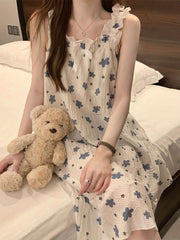 Floral Print Texture Pajama Set Square Neck Sleeveless Dress Womens Lingerie