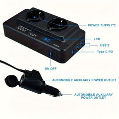 200W Car Inverter EU Socket PD20W Type-C With 2 AC Outlets 2 USB Ports 50%