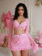 3 Piece Mesh Print Lace Trim  Underwear Set  Lingerie