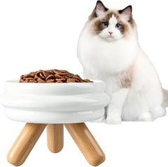 Elevated Ceramic Cat Bowl with Wooden Stand Raised Pet Dishes for Food and Water Anti-Slip Design Dishwasher Microwave Safe Water Bowl (White, Cat Food Bowl)