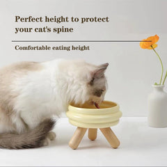 Elevated Ceramic Cat Bowl with Wooden Stand Raised Pet Dishes for Food and Water Anti-Slip Design Dishwasher Microwave Safe Water Bowl (White, Cat Food Bowl)