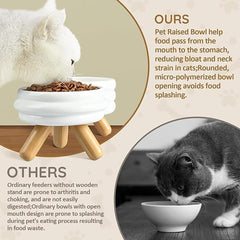 Elevated Ceramic Cat Bowl with Wooden Stand Raised Pet Dishes for Food and Water Anti-Slip Design Dishwasher Microwave Safe Water Bowl (White, Cat Food Bowl)