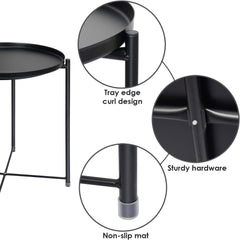 SKY-TOUCH Round Metal Tray Table Black, Detachable Tray Top, Coffee Table, Waterproof, Removable Tray Table, Living Room, Bedroom, Balcony, Office, 42×42×53cm