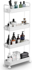 4-Tier Slim Storage Cart, Bathroom Organizer Mobile Shelving Unit, Rolling Utility Cart Slide Out Organizer for Kitchen, Bathroom, Laundry, Narrow Places (white)