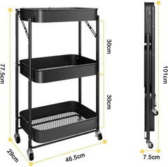 3 Tiers Foldable Storage Trolley Cart Kitchen utility carts Foldable Rolling Carts Trolley with Locking Wheels for Kitchen Multi-purpose Shelving Organizer (black)