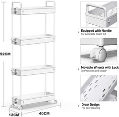 4-Tier Slim Storage Cart, Bathroom Organizer Mobile Shelving Unit, Rolling Utility Cart Slide Out Organizer for Kitchen, Bathroom, Laundry, Narrow Places (white)