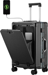 CAARANY Versatile Aluminum Frame Carry-On Luggage with USB Charging Port, Front Compartment, TSA Lock, Airline Approved Carry On Hardside Suitcase with Spinner Wheels