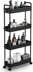 Slim Storage Cart, 4 Tier Bathroom Organizer with Mobile Shelving, Rolling Utility Cart with Slide-Out Compartments for Kitchen, Bathroom, Laundry, and Narrow Spaces