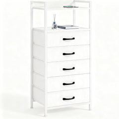 Chulovs Nightstand with 5 Storage Drawers, Tall Dresser for Bedroom, Side Table Nightstand for Closet, Fabric Bins, Metal Frame, and Wood Shelf