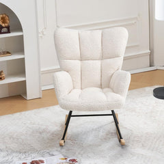 Modern Off White Rocking Chair – Soft Boucle Fabric, Ergonomic Backrest, Sturdy Metal Frame & Wooden Rocker Base – Cozy Lounge Chair for Living Room, Bedroom & Nursery