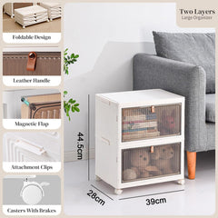 Chulovs Plastic Storage Bins with Lids, Stackable Storage Containers with Wheels, Folding Storage Boxes, Stackable Cabinet Storage Containers for Home Living Room Office Closet (2-Tier)