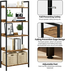 Chulovs Bookshelf, 5 Tier Bookshelves, Home Office Bookcase Shelf Storage Organizer, Free Standing Storage Shelving Unit for Bedroom, Metal Frame Display Rack for Living Room (Rustic Brown)