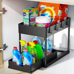 Under sliding cabinet basket organizer, 2 tier storage under cabinet bathroom under sink organizers and storage black under sink storage, multi purpose storage shelf for kitchen, bathroom, office