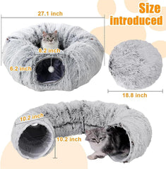 Cat Tunnel Bed,Plush Circle Tunnel with Hanging Balls and Peepholes,Cat Bed Tunnel with Washable Cushion,Multifunctional Toys for Kitten,Cat,Puppy,Rabbit,Ferret