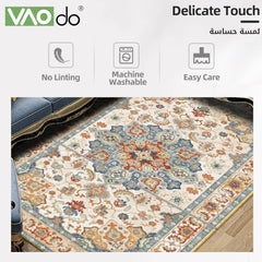 VAODO Bohemian Area Rug, 140 * 200cm Vintage Washable Rug, Non-Slip Non-Shedding Floor Carpet, for Living Room Bedroom Dining Room Indoor Home Decor