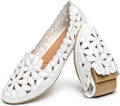 Floral Ballet Flats Black Beige Slip On Flowers PU Leather Round Toe Shoes AL029