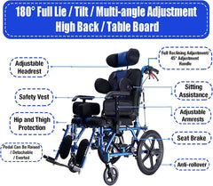 Fully Lying Wheelchair Forke Hemiplegia Disabled Cerebral Palsy Folding Aluminum Alloy Wheelchair with and Dining Table for Child Adults Elderly/Blue/14.2" Seat