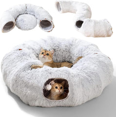 Cat Tunnel Bed,Plush Circle Tunnel with Hanging Balls and Peepholes,Cat Bed Tunnel with Washable Cushion,Multifunctional Toys for Kitten,Cat,Puppy,Rabbit,Ferret