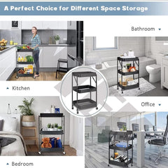 3 Tiers Foldable Storage Trolley Cart Kitchen utility carts Foldable Rolling Carts Trolley with Locking Wheels for Kitchen Multi-purpose Shelving Organizer (black)