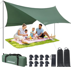 Camping Tarp, 14 X 12FT Tarp with 2 Poles, Waterproof & Lightweight Tent Tarp Car Awning, UV UPF50+ Rain Fly Sun Shelter Can Used with Hammock in Outdoor, Garden and Backpacking